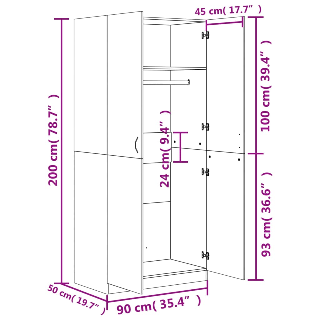 Garderob sonoma-ek 90x52x200 cm konstruerat trä