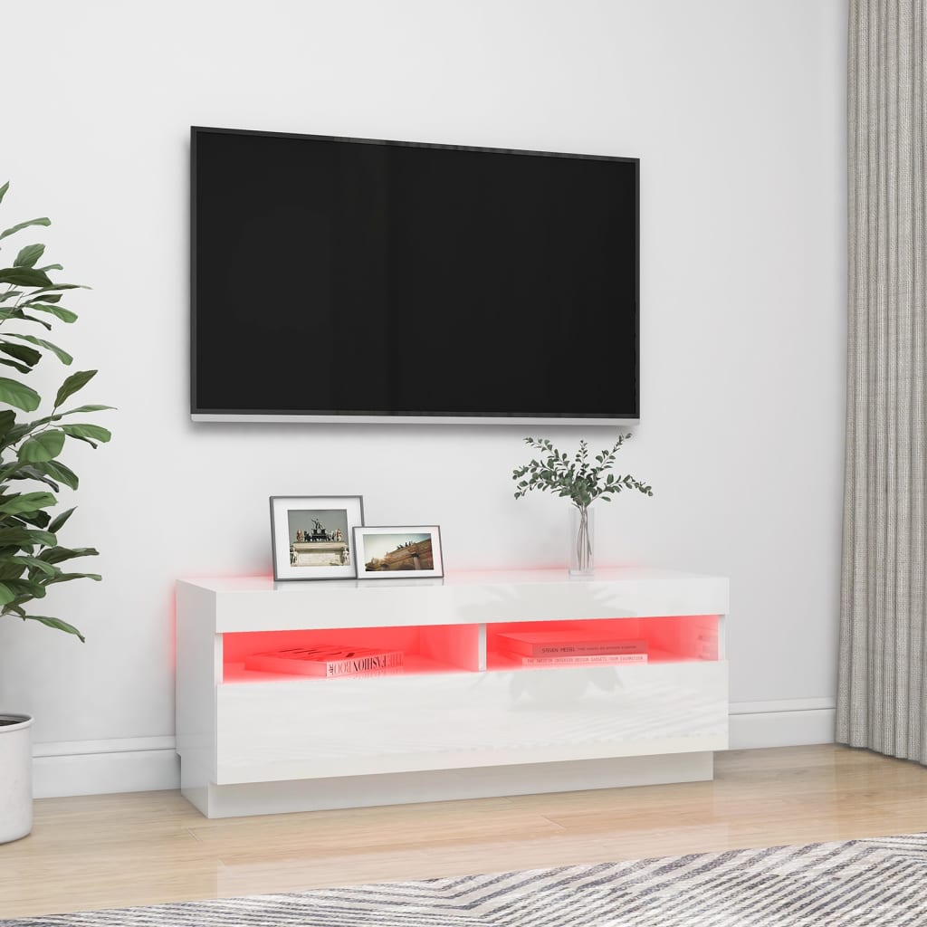 TV-bänk med LED-belysning vit högglans 100x35x40 cm