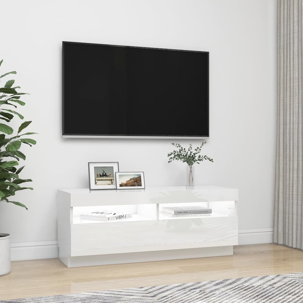 TV-bänk med LED-belysning vit högglans 100x35x40 cm