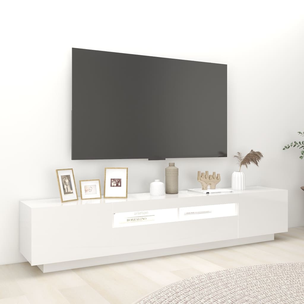 TV-bänk med LED-belysning vit högglans 200x35x40 cm