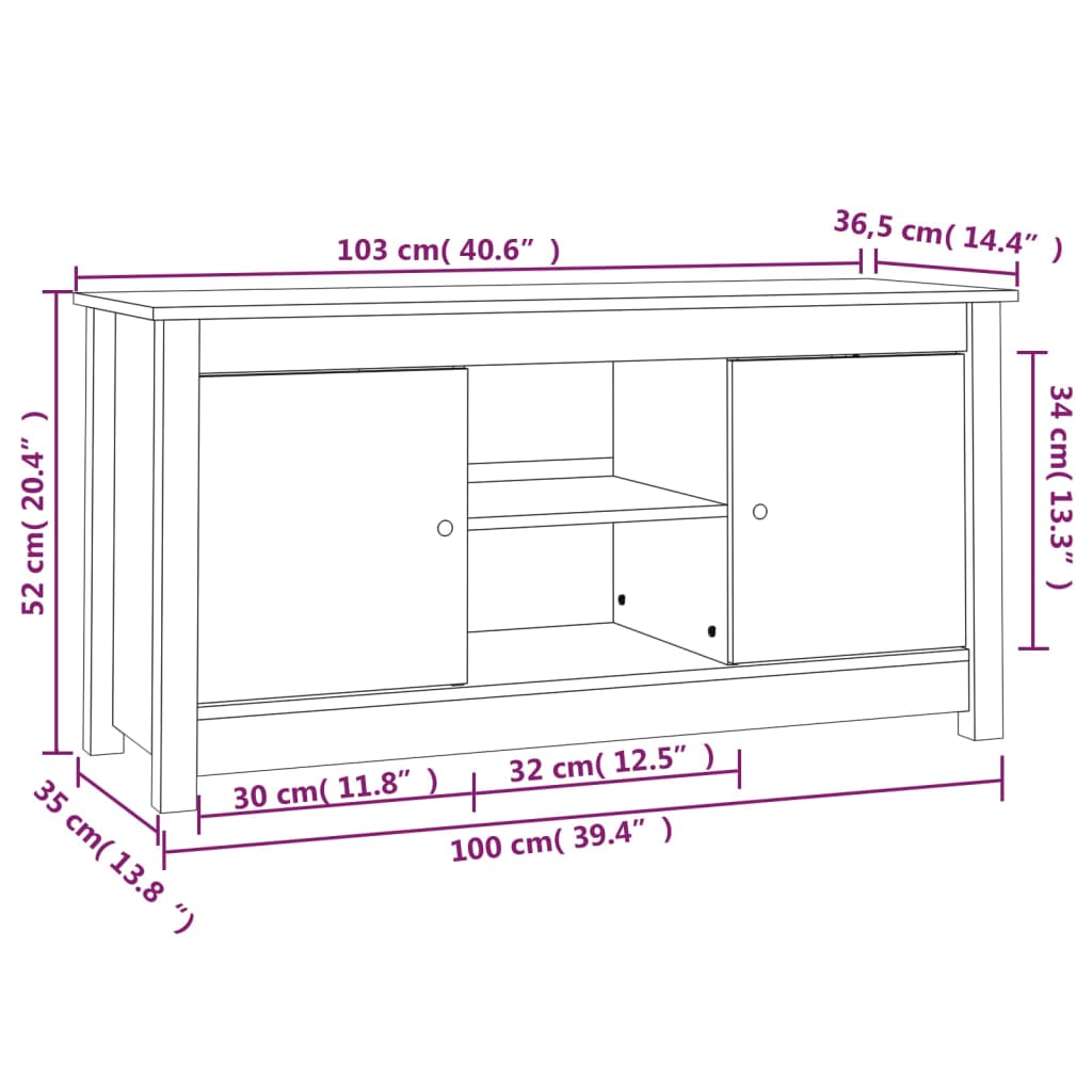 Tv-bänk vit 103x36,5x52 cm massiv furu