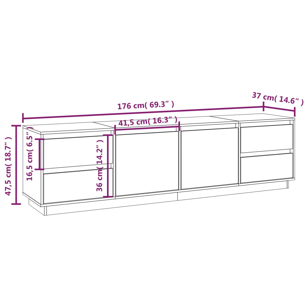 Tv-bänk vit 176x37x47,5 cm massiv furu