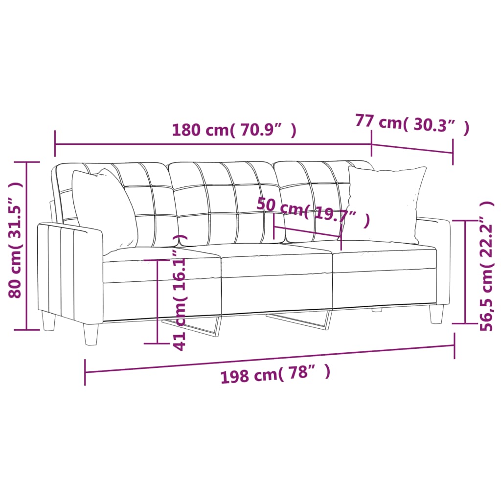 3-sitssoffa med prydnadskuddar vinröd 180 cm konstläder