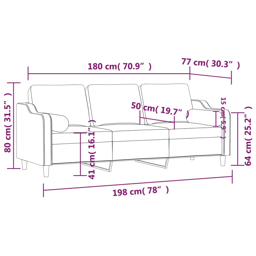 3-sitssoffa med prydnadskuddar ljusgrå 180 cm tyg