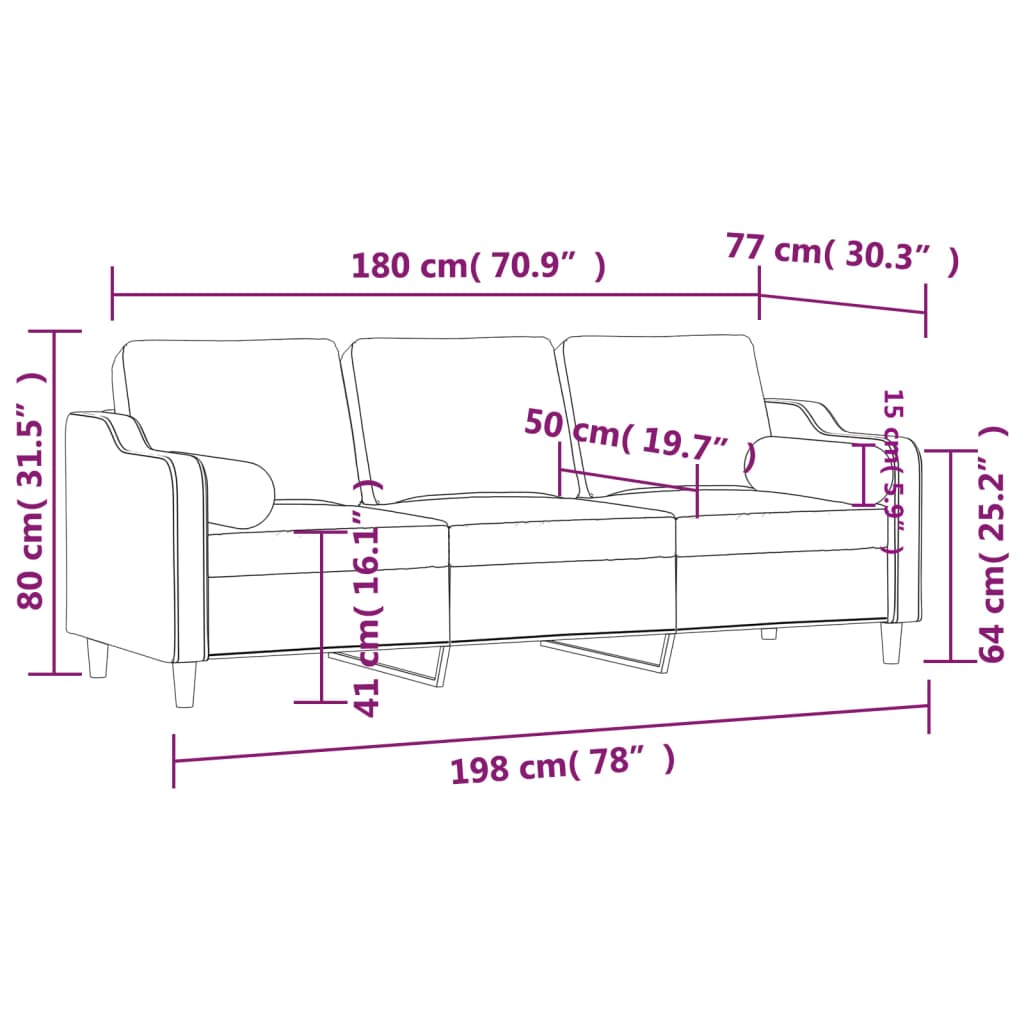 3-sitssoffa med prydnadskuddar gräddvit 180 cm tyg