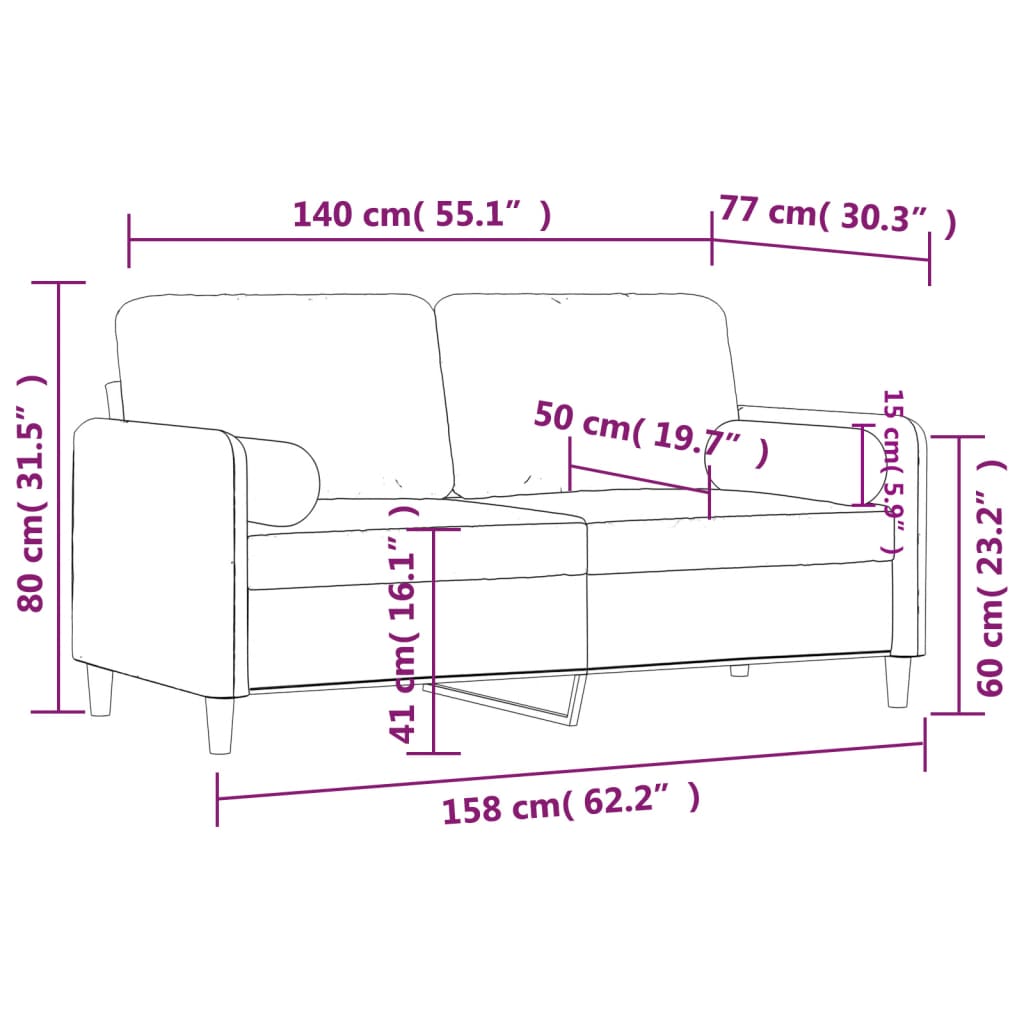 2-sitssoffa med prydnadskuddar ljusgrå 140 cm sammet