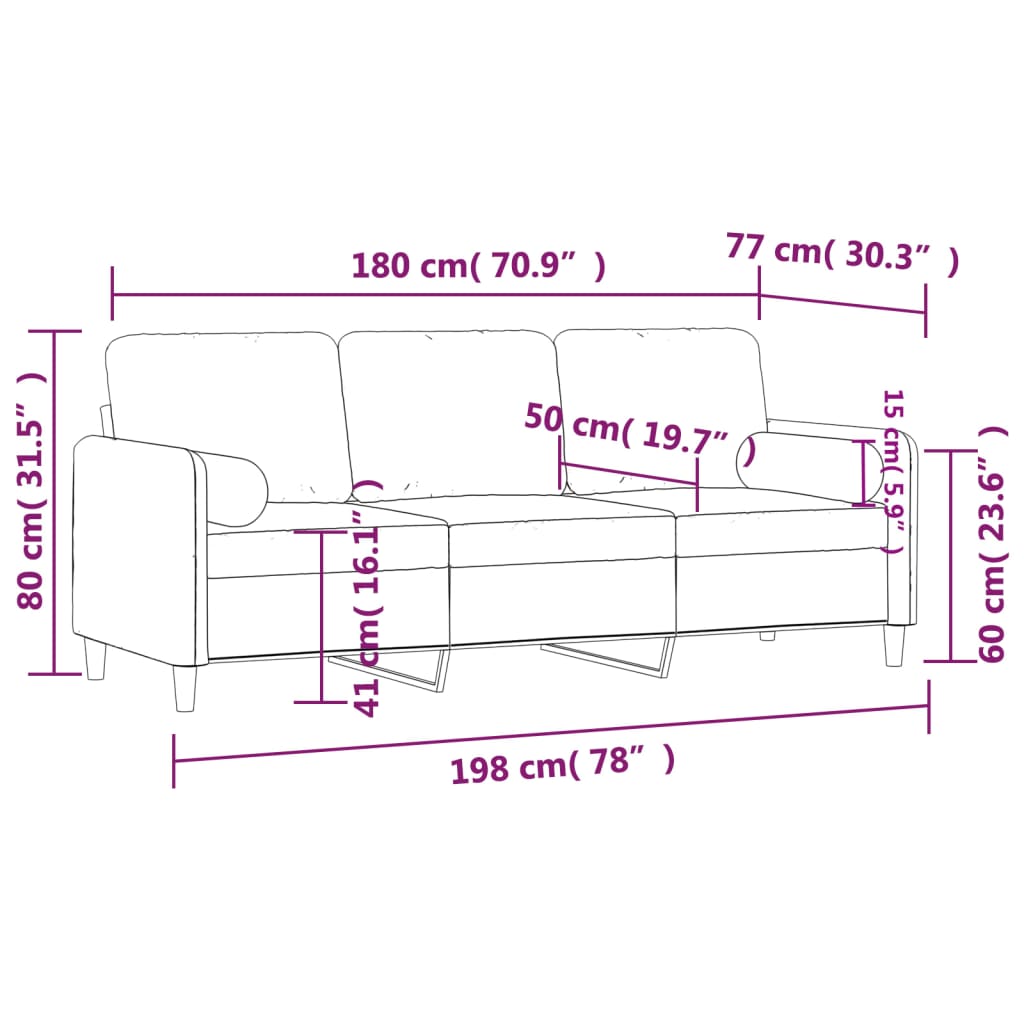 3-sitssoffa med prydnadskuddar rosa 180 cm sammet