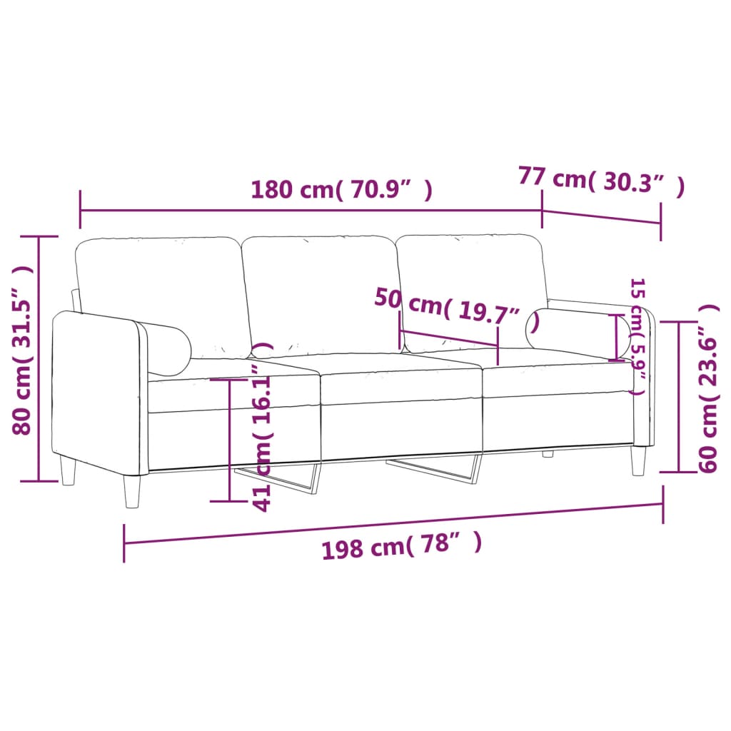 3-sitssoffa med prydnadskuddar vinröd 180 cm sammet