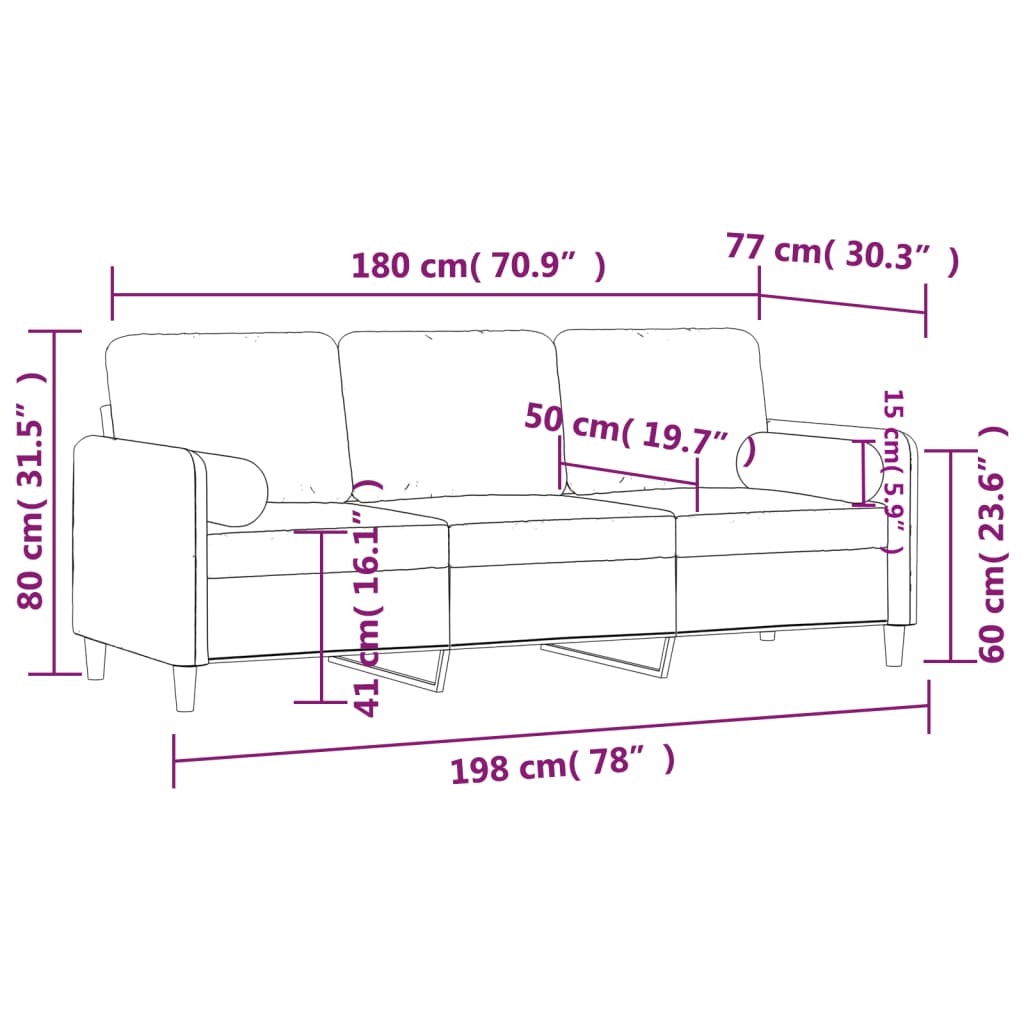 3-sitssoffa med prydnadskuddar svart 180 cm sammet