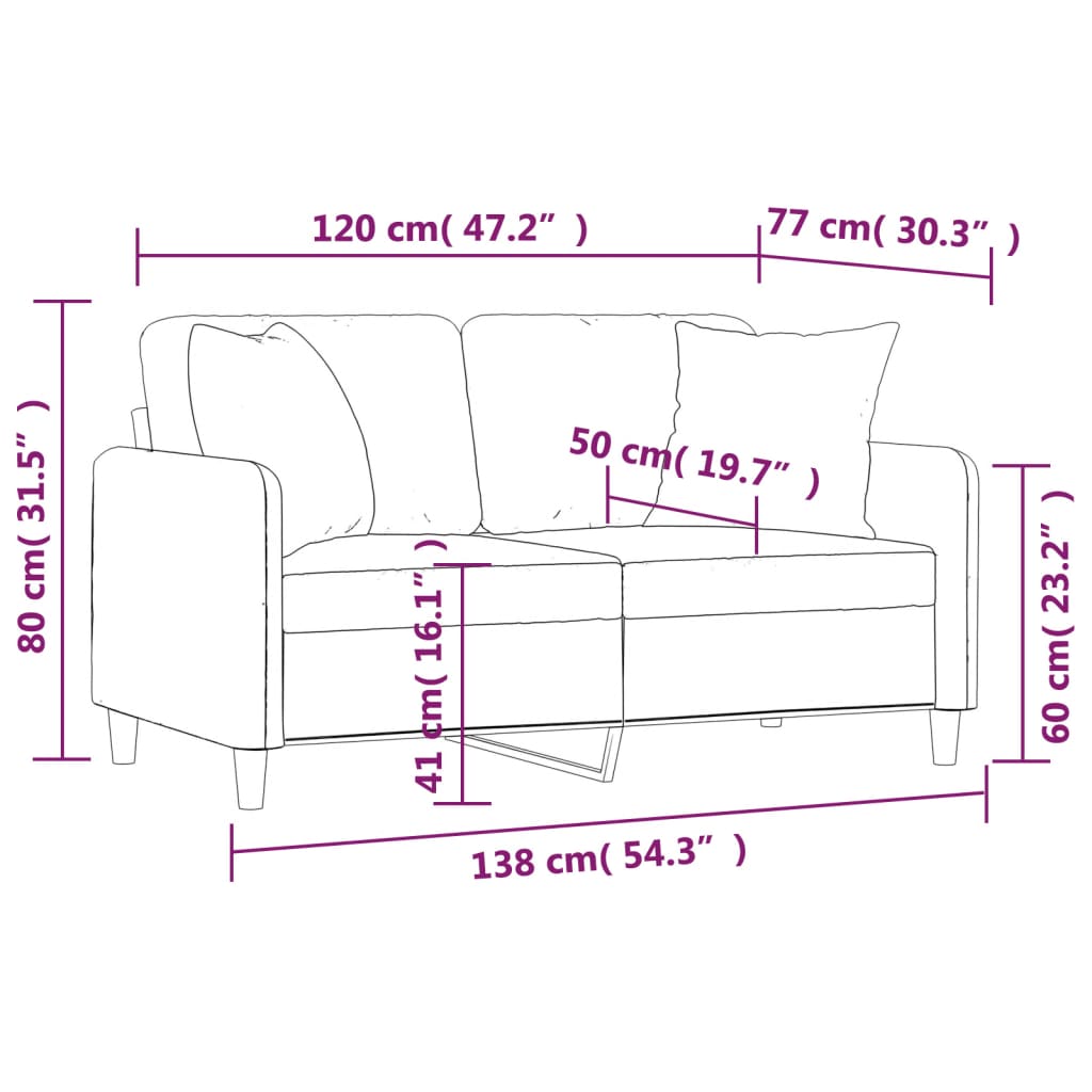 2-sits soffa med prydnadskuddar gräddvit 120 cm tyg