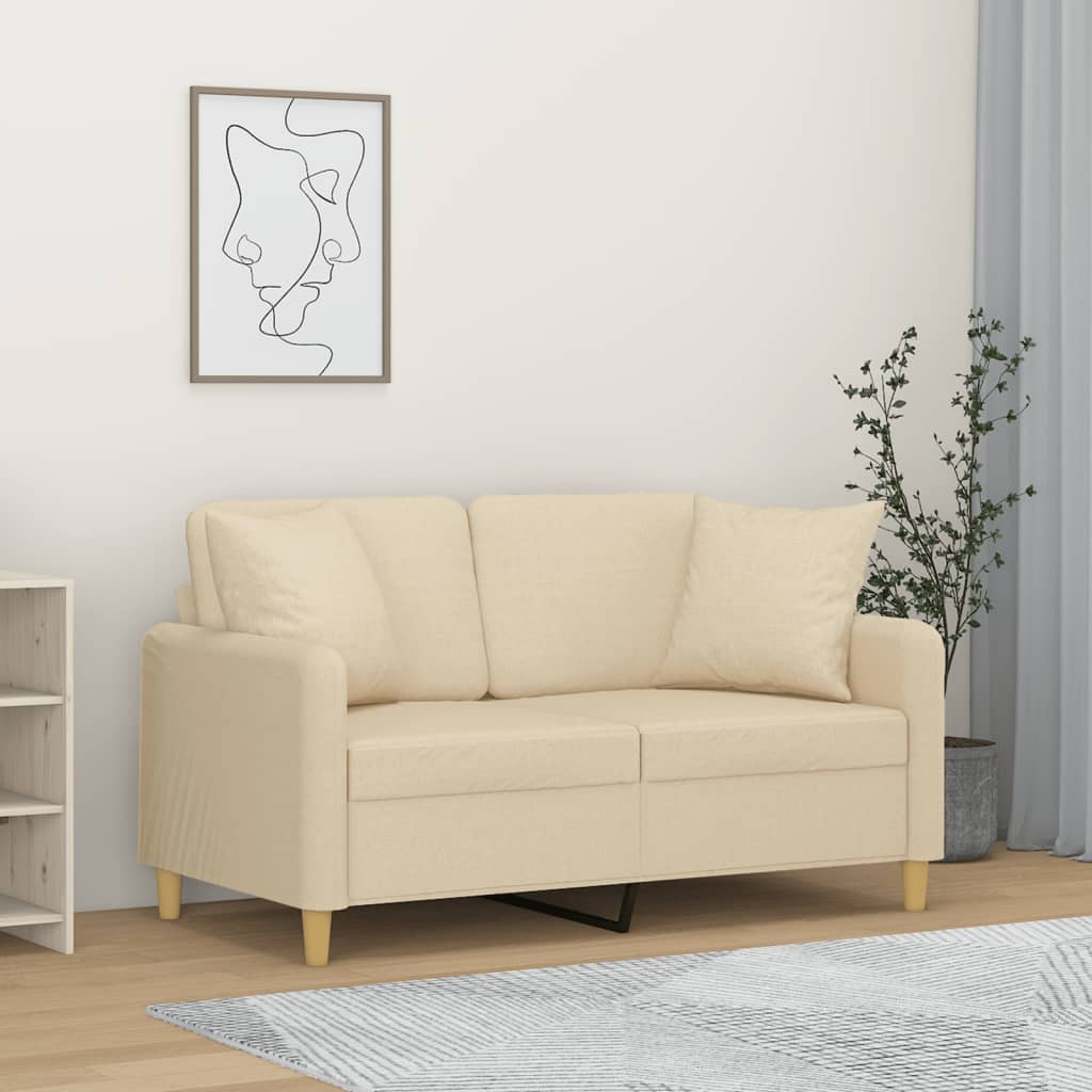 2-sits soffa med prydnadskuddar gräddvit 120 cm tyg