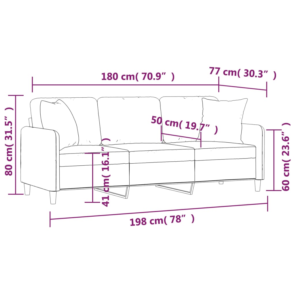 3-sitssoffa med prydnadskuddar gräddvit 180 cm tyg