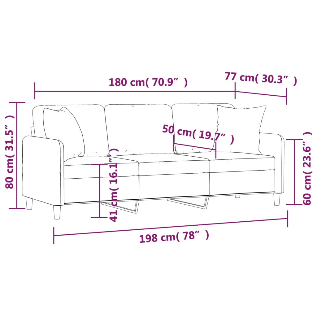 3-sitssoffa med prydnadskuddar svart 180 cm tyg