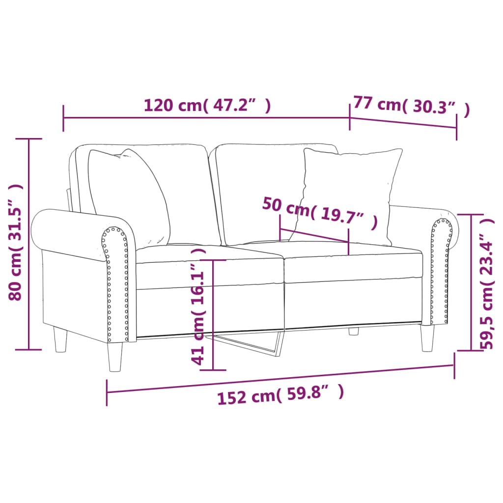 2-sitssoffa med prydnadskuddar brun 120 cm sammet