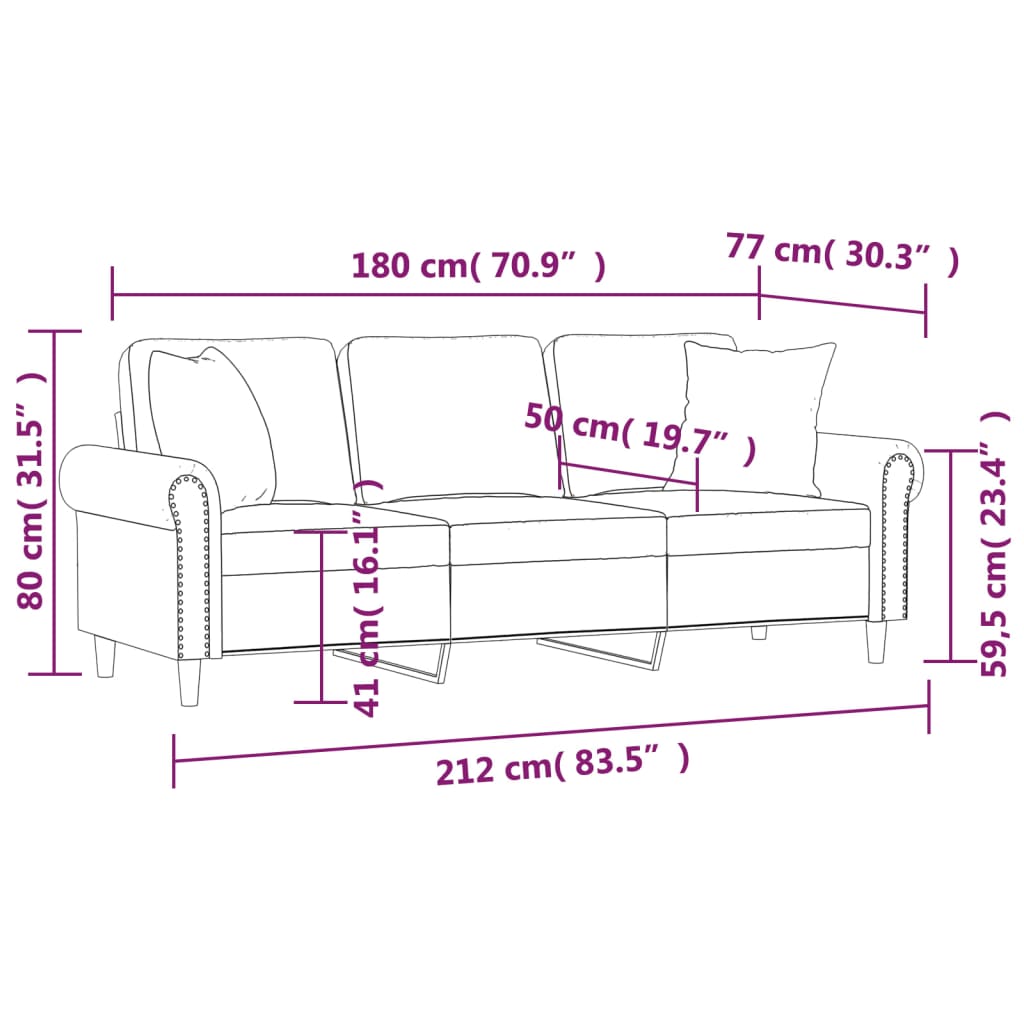 3-sitssoffa med prydnadskuddar mörkgrå 180 cm sammet