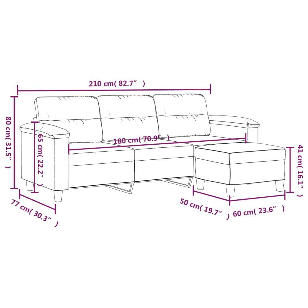 3-sitssoffa med fotpall gräddvit 180 cm mikrofibertyg