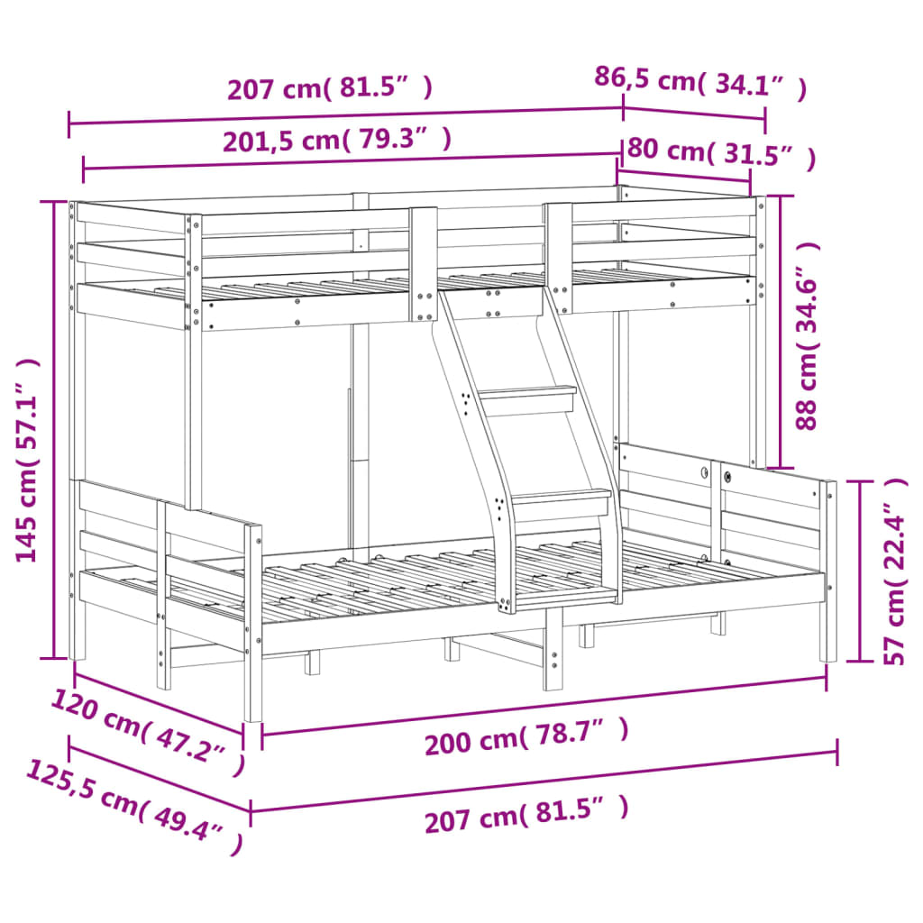 Våningssäng 80x200/120x200 cm massiv furu