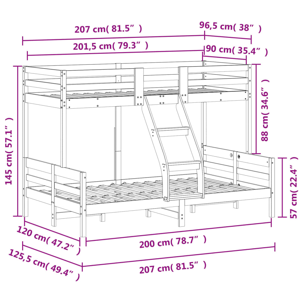 Våningssäng 90x200/120x200 cm massiv furu