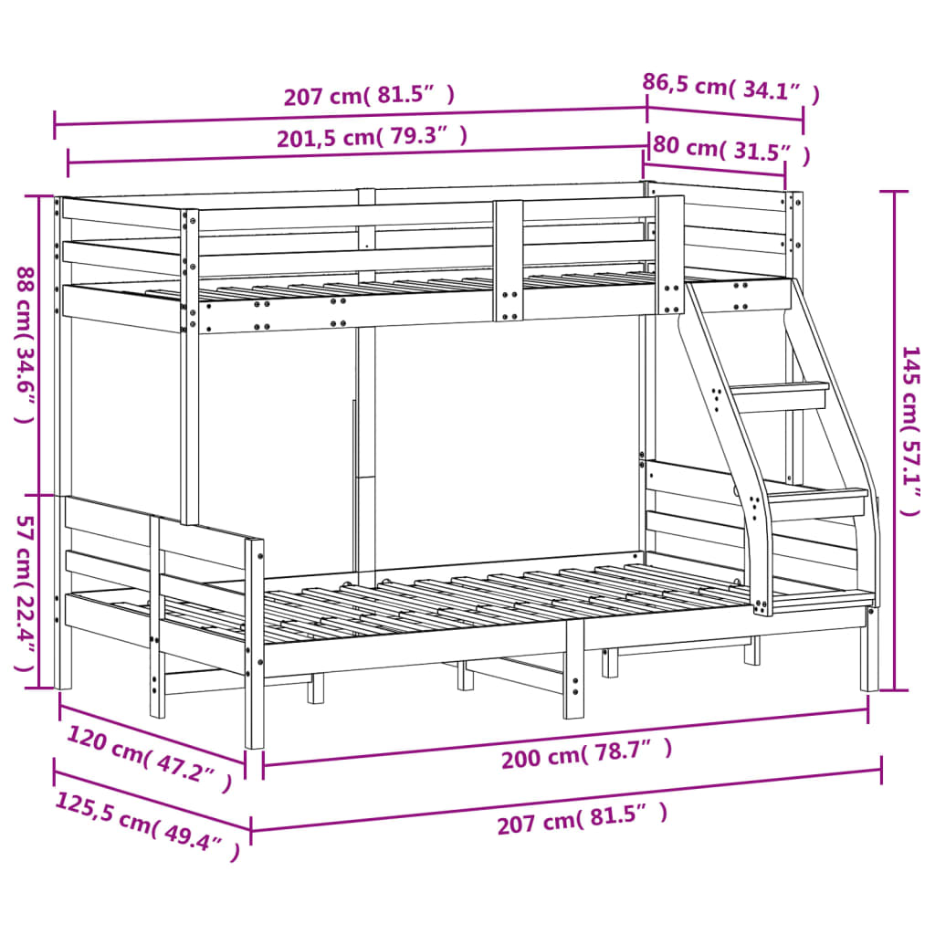 Våningssäng 80x200/120x200 cm vaxbrun massiv furu