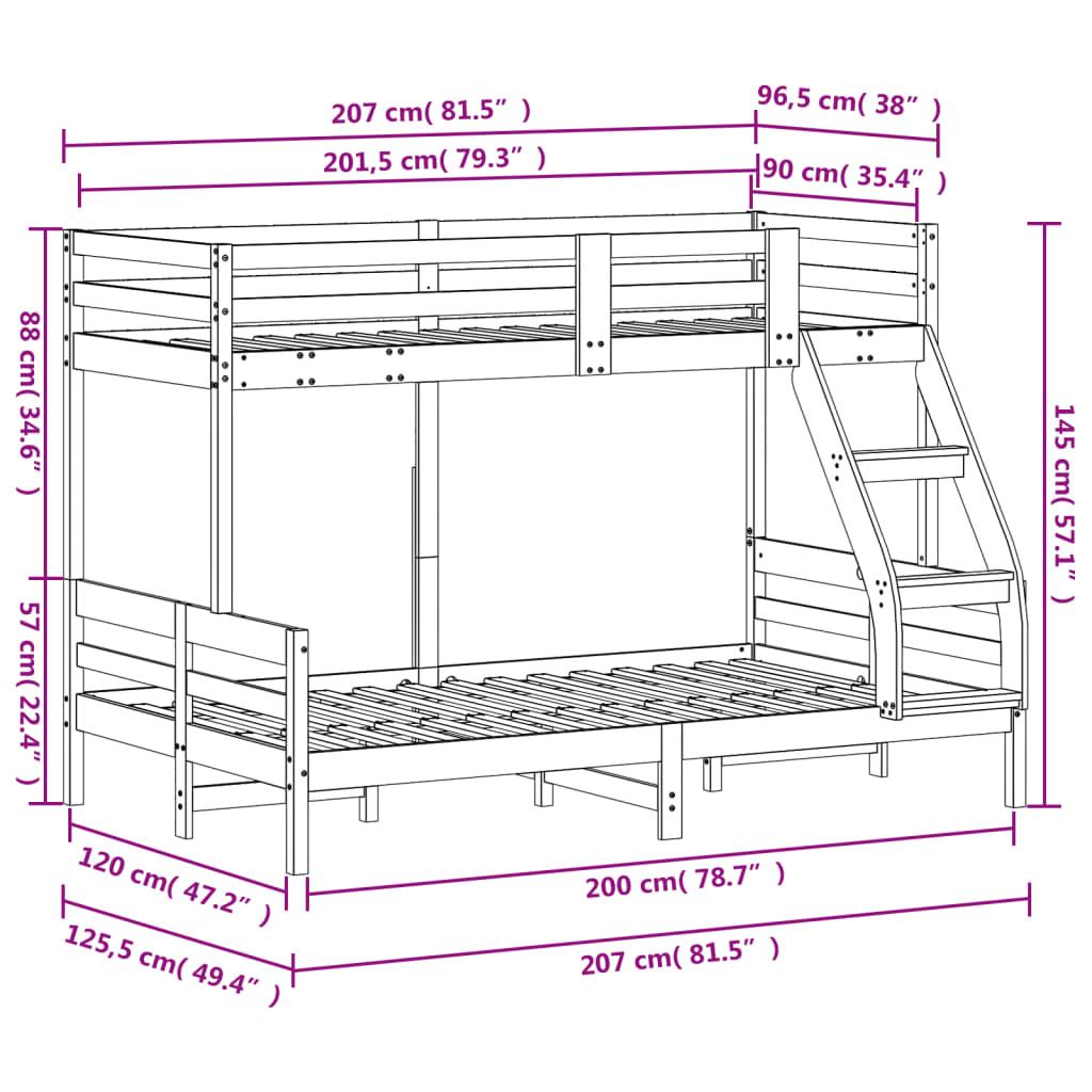 Våningssäng 90x200/120x200 cm massiv furu