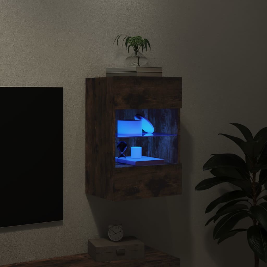 Väggmonterad tv-bänk LED rökfärgad ek 40x30x60,5 cm