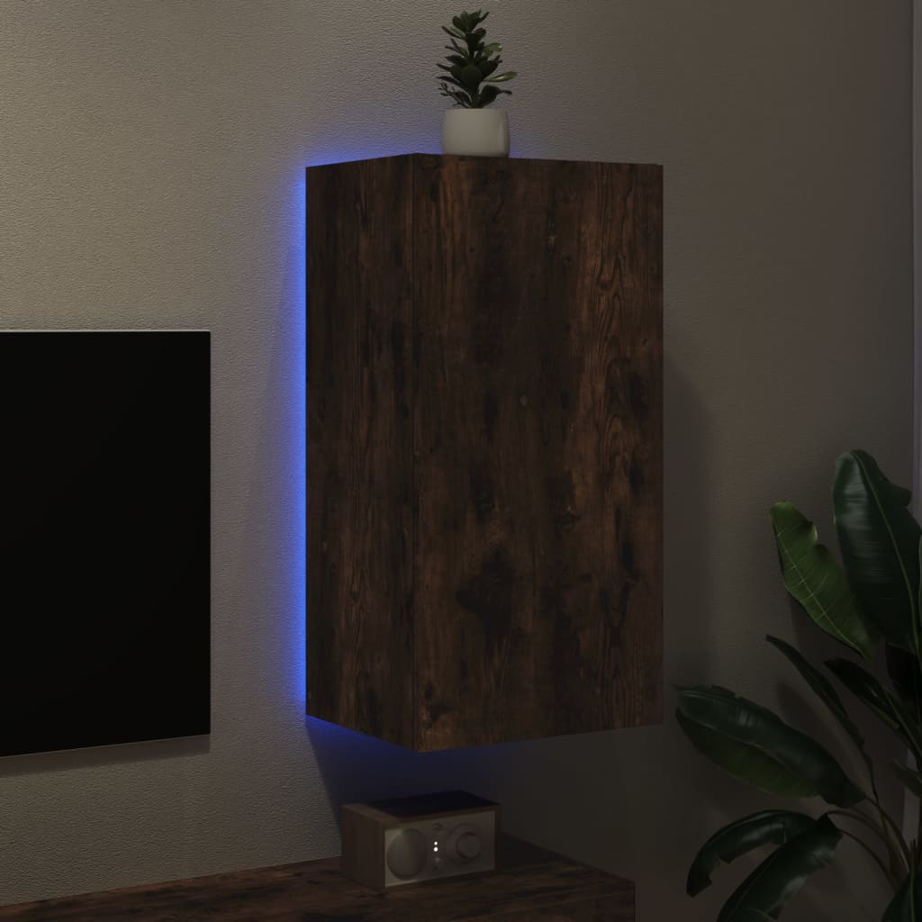 Väggmonterad tv-bänk LED rökfärgad ek 40,5x35x80 cm