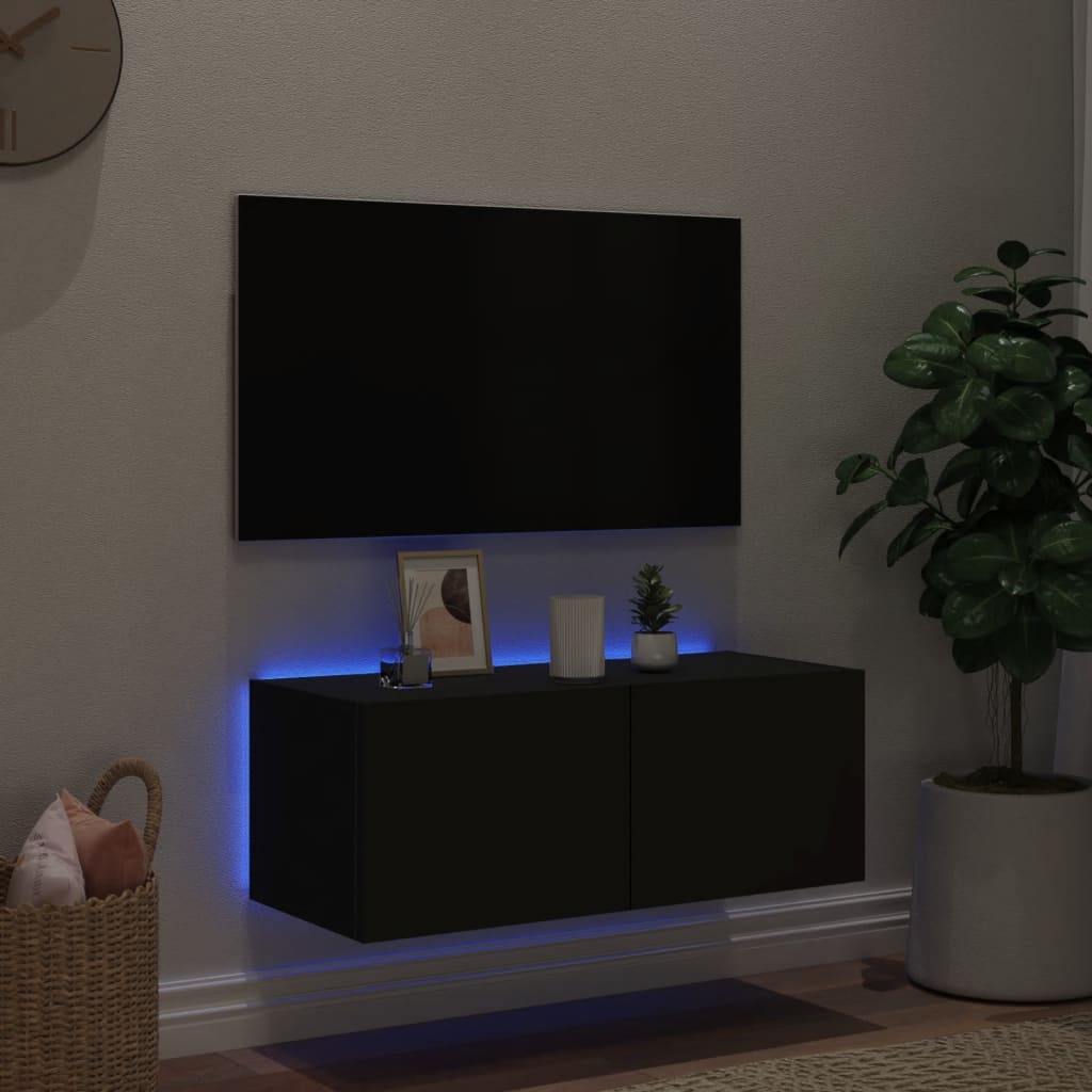 Väggmonterad tv-bänk LED svart 80x35x31 cm