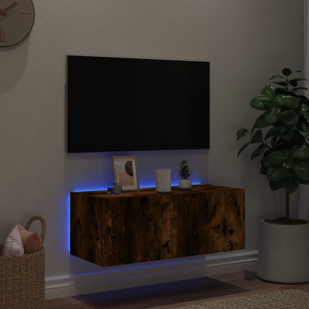 Väggmonterad tv-bänk LED rökfärgad ek 80x35x31 cm