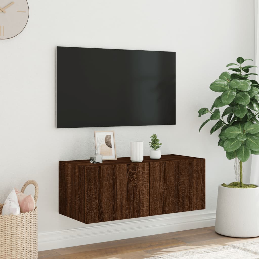 Väggmonterad tv-bänk LED brun ek 80x35x31 cm