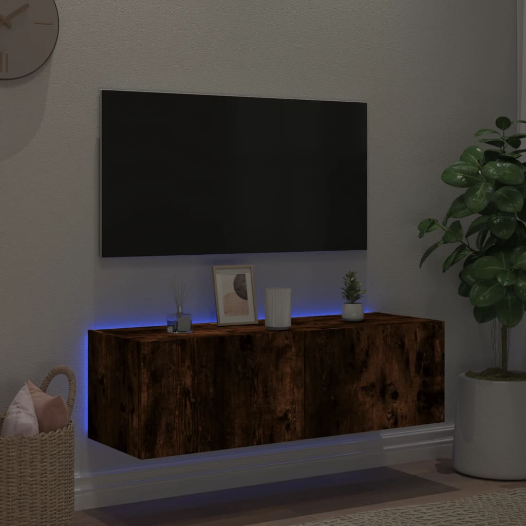 Väggmonterad tv-bänk LED rökfärgad ek 100x35x31 cm