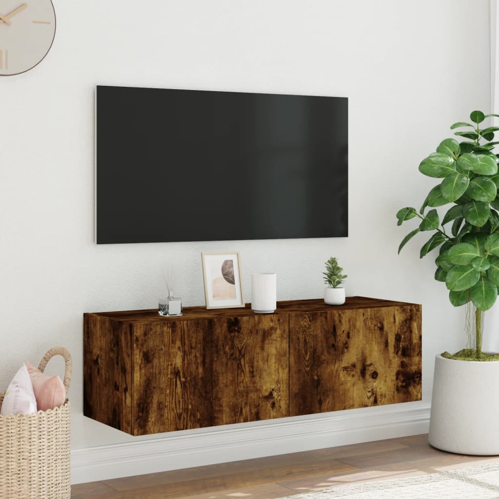 Väggmonterad tv-bänk LED rökfärgad ek 100x35x31 cm