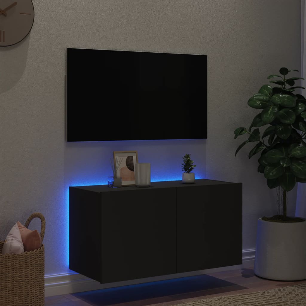 Väggmonterad tv-bänk LED svart 80x35x41 cm