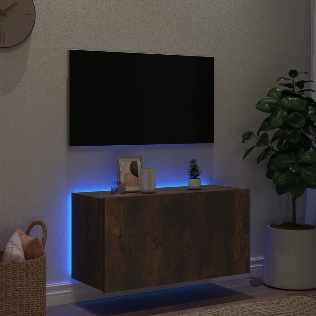 Väggmonterad tv-bänk LED rökfärgad ek 80x35x41 cm