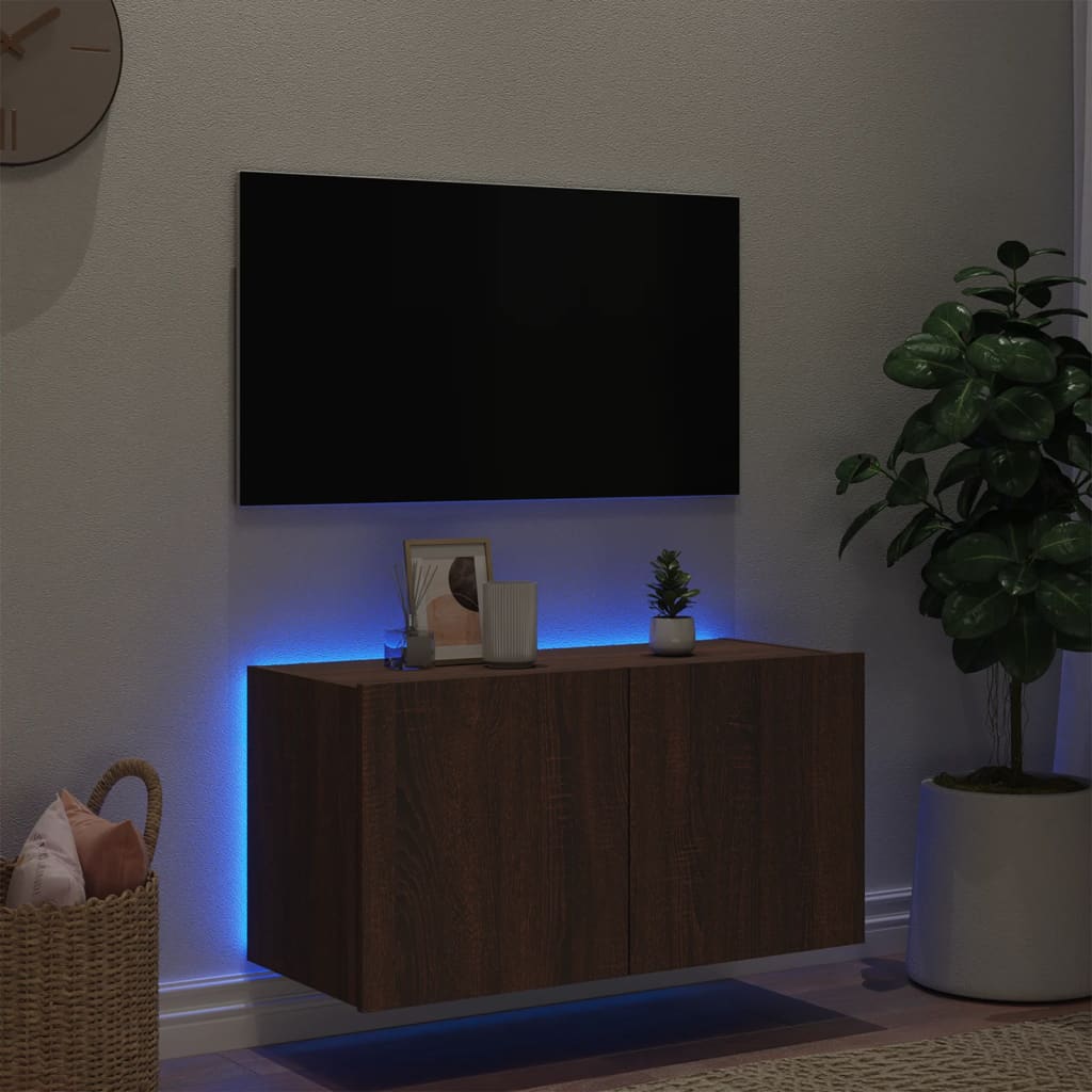 Väggmonterad tv-bänk LED brun ek 80x35x41 cm