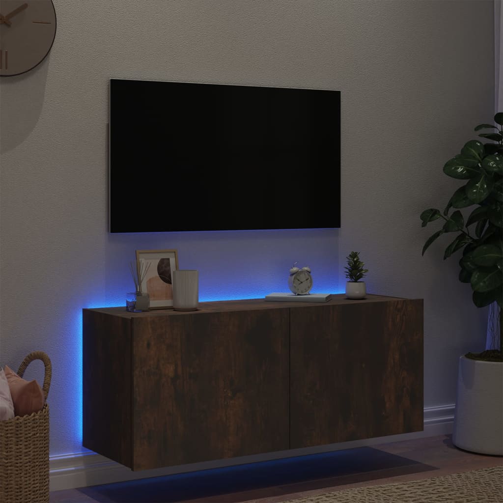 Väggmonterad tv-bänk LED rökfärgad ek 100x35x41 cm