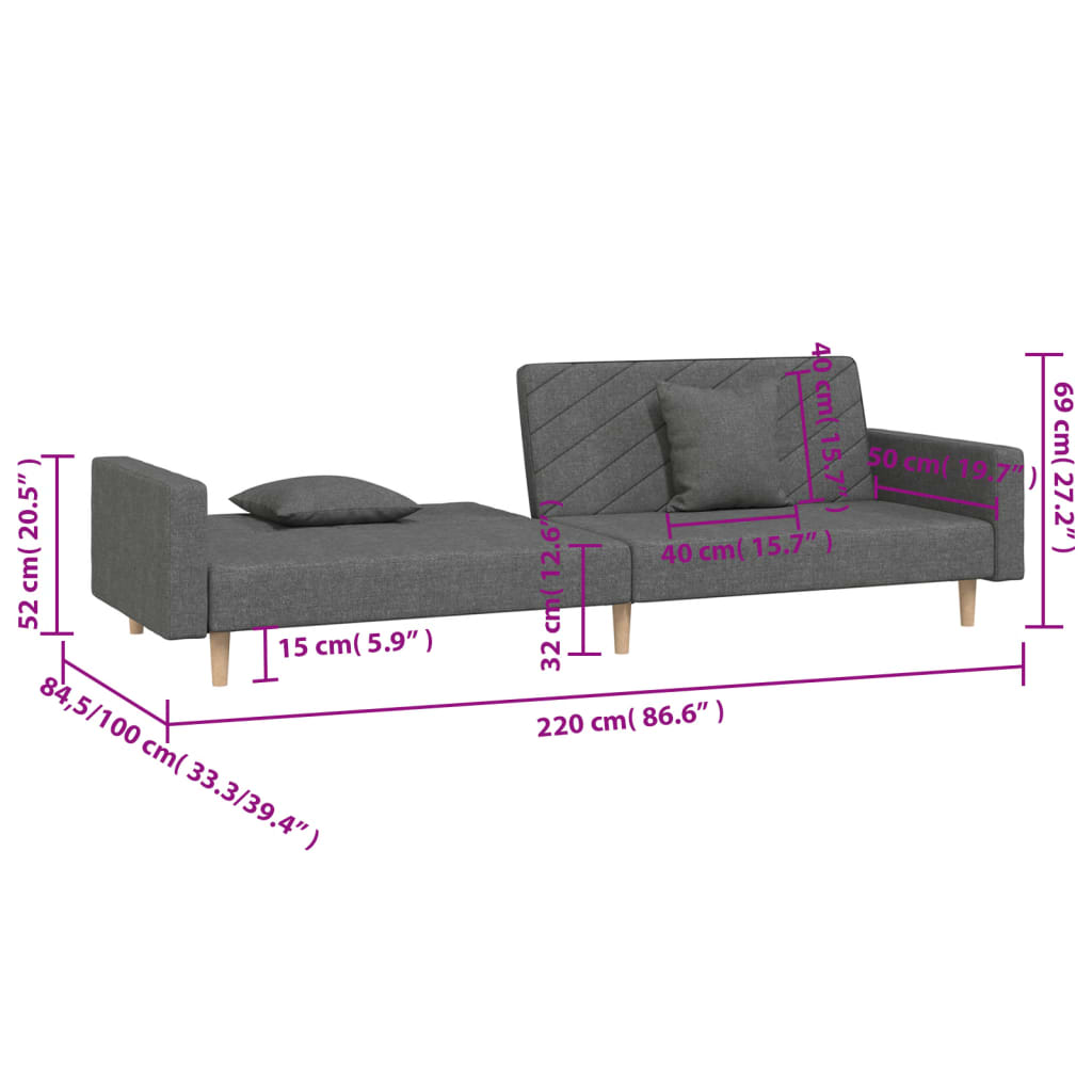 Bäddsoffa 2-sits med två kuddar mörkgrå tyg