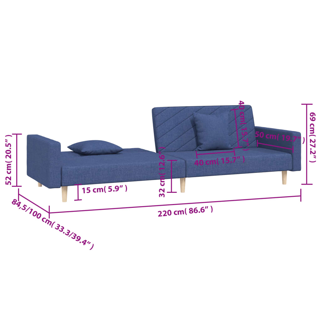 Bäddsoffa 2-sits med två kuddar blå tyg