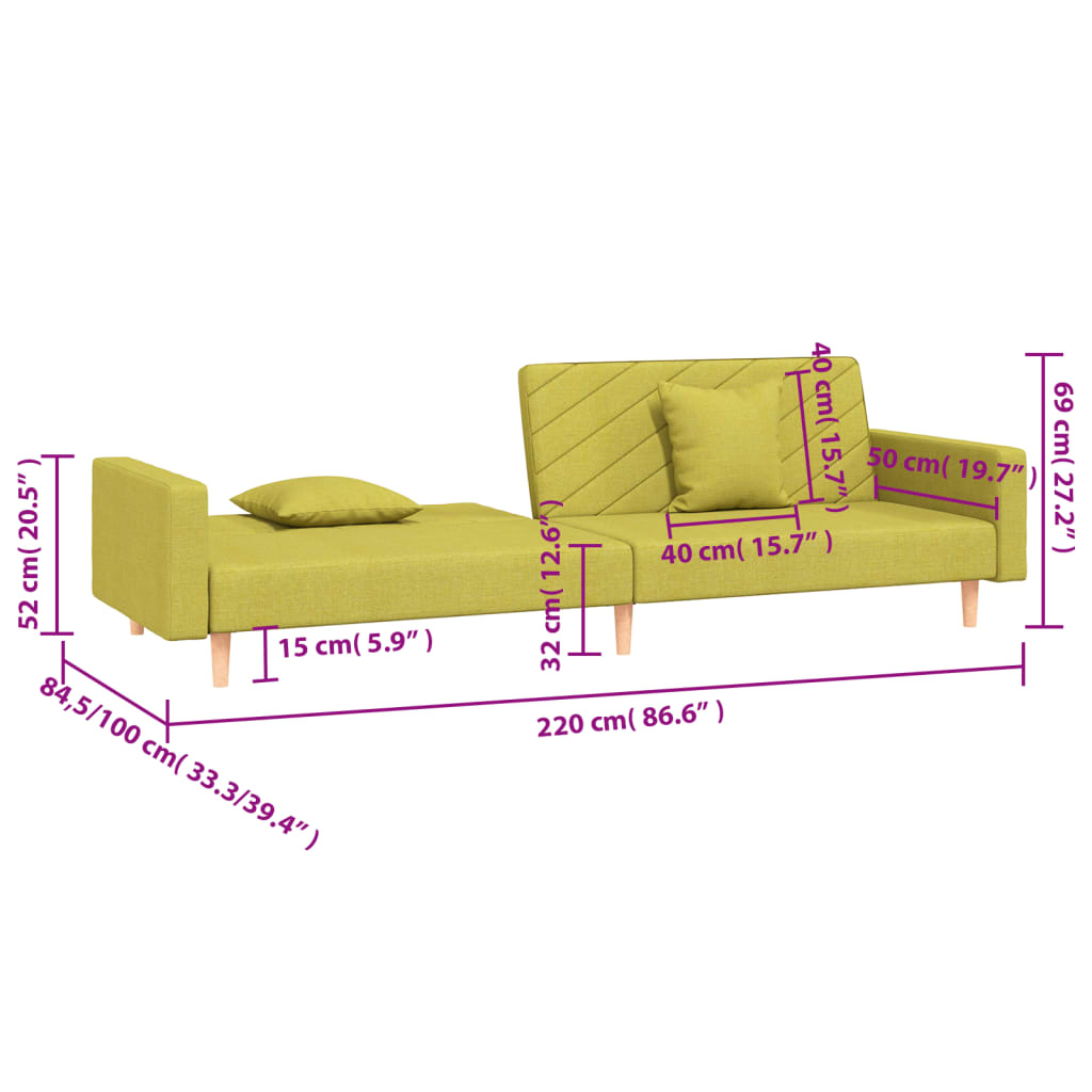 Bäddsoffa 2-sits med två kuddar grön tyg