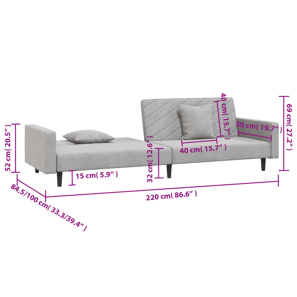 Bäddsoffa 2-sits med två kuddar ljusgrå sammet