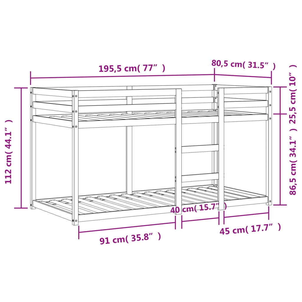 Våningssäng vaxad brun 75x190 cm massiv furu