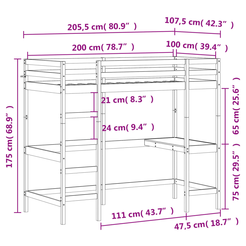 Våningssäng med skrivbord vit 100x200 cm massiv furu