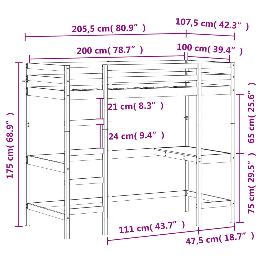 Våningssäng med skrivbord vaxbrun 100x200 cm massiv furu