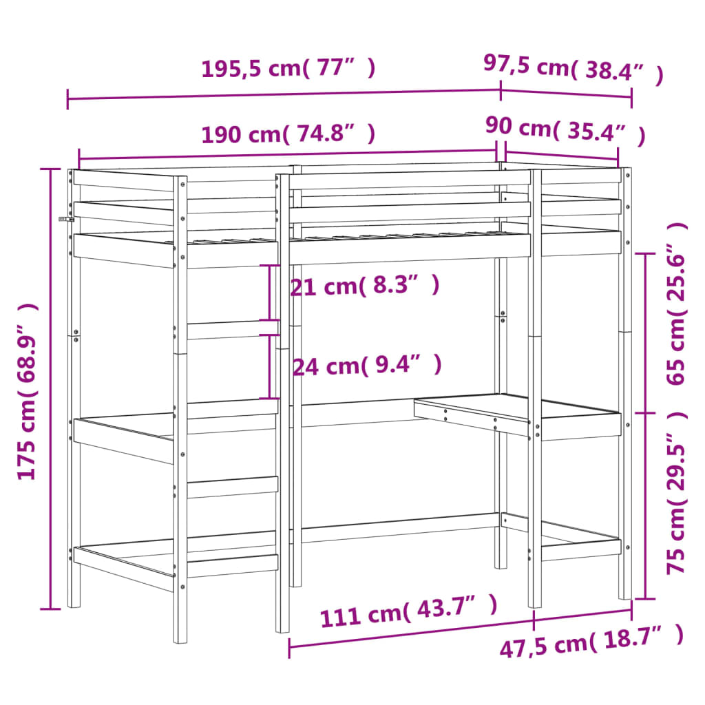 Våningssäng med skrivbord 90x190 cm massiv furu