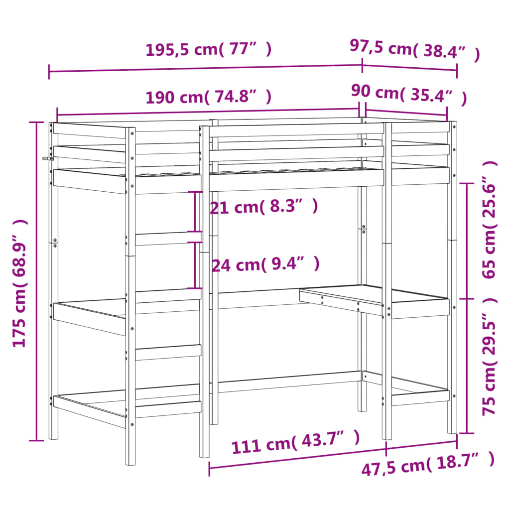 Våningssäng med skrivbord vit 90x190 cm massiv furu