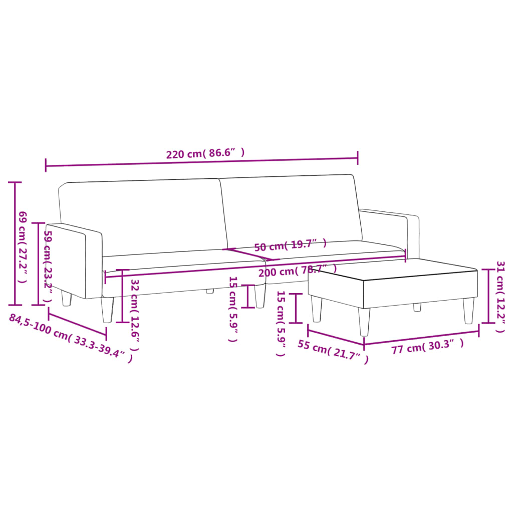 Bäddsoffa 2-sits med fotpall ljusgrå tyg