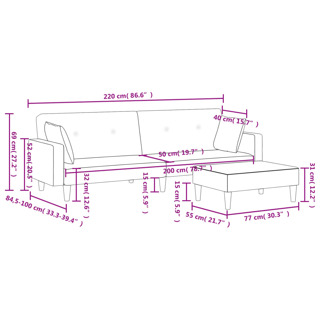 Bäddsoffa 2-sits med fotpall ljusgrå tyg