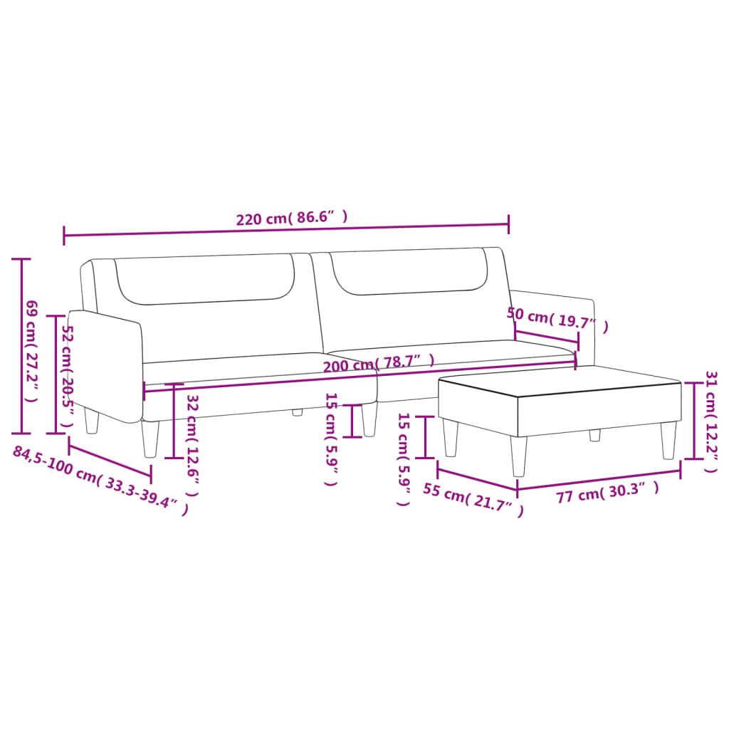 Bäddsoffa 2-sits med fotpall ljusgrå tyg