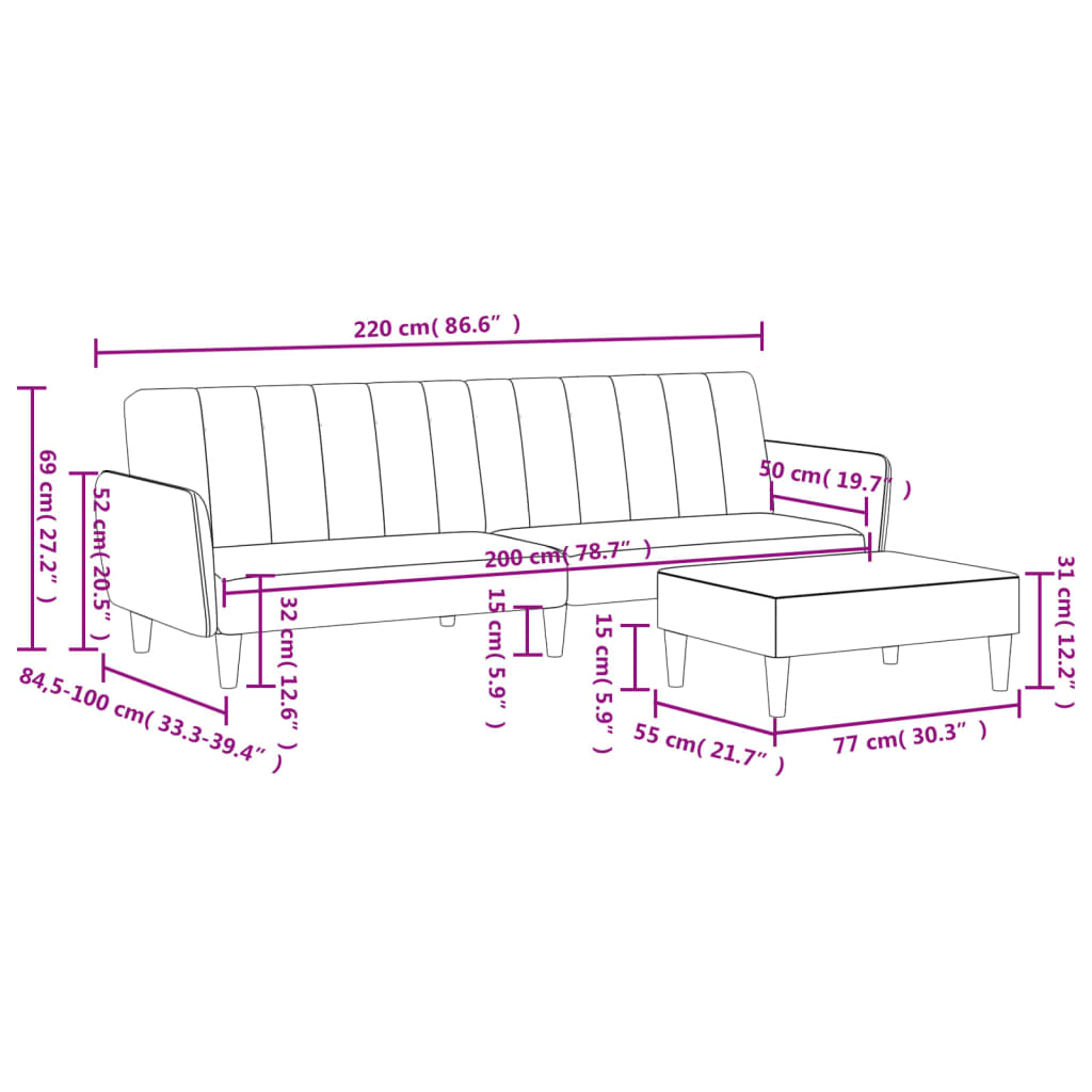 Bäddsoffa 2-sits med fotpall ljusgrå tyg