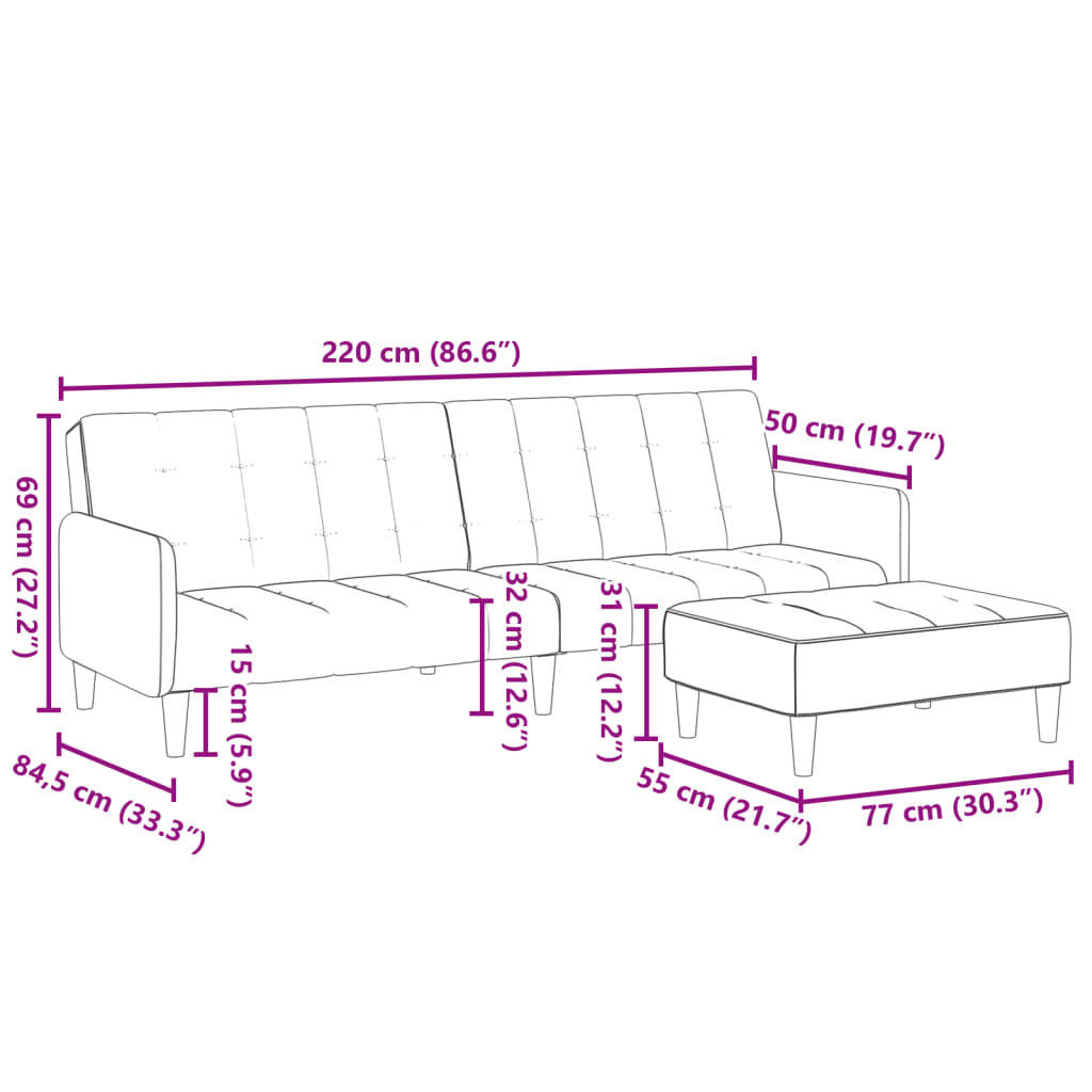 Bäddsoffa 2-sits med fotpall ljusgrå tyg