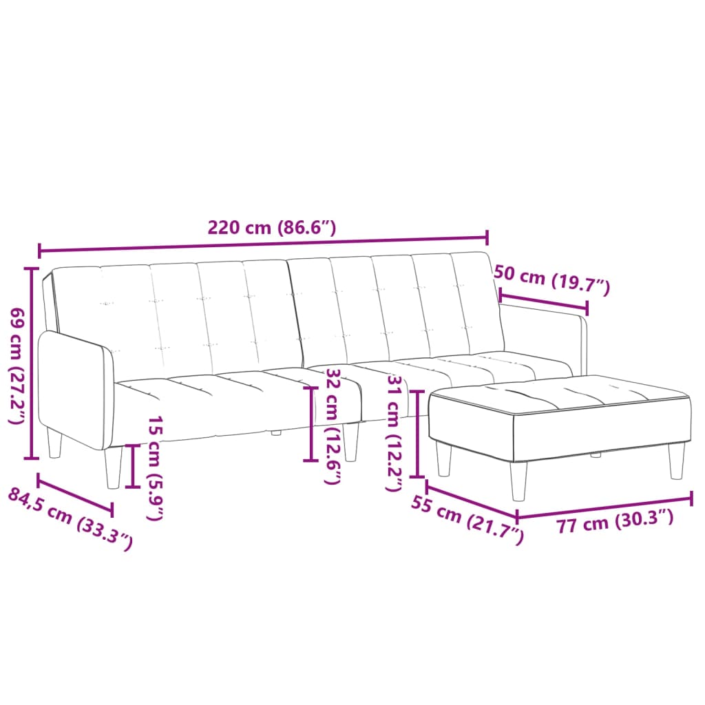 Bäddsoffa 2-sits med fotpall mörkgrå tyg